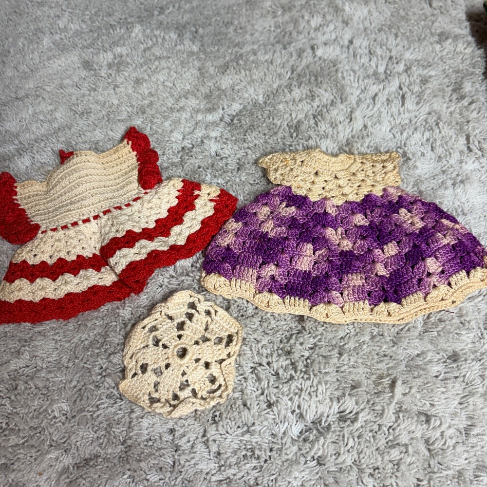 Lot of 2 Vintage Cotton Hand Crocheted Pot Holder/ Dresses Red- Purple READ